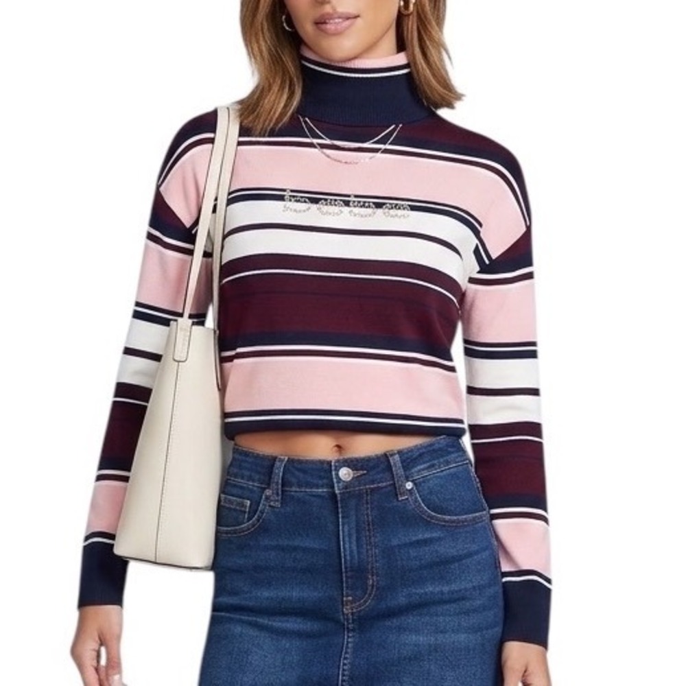 Bebe Womens Striped Turtleneck Sweater Studded Logo Burgundy Navy Pink Small